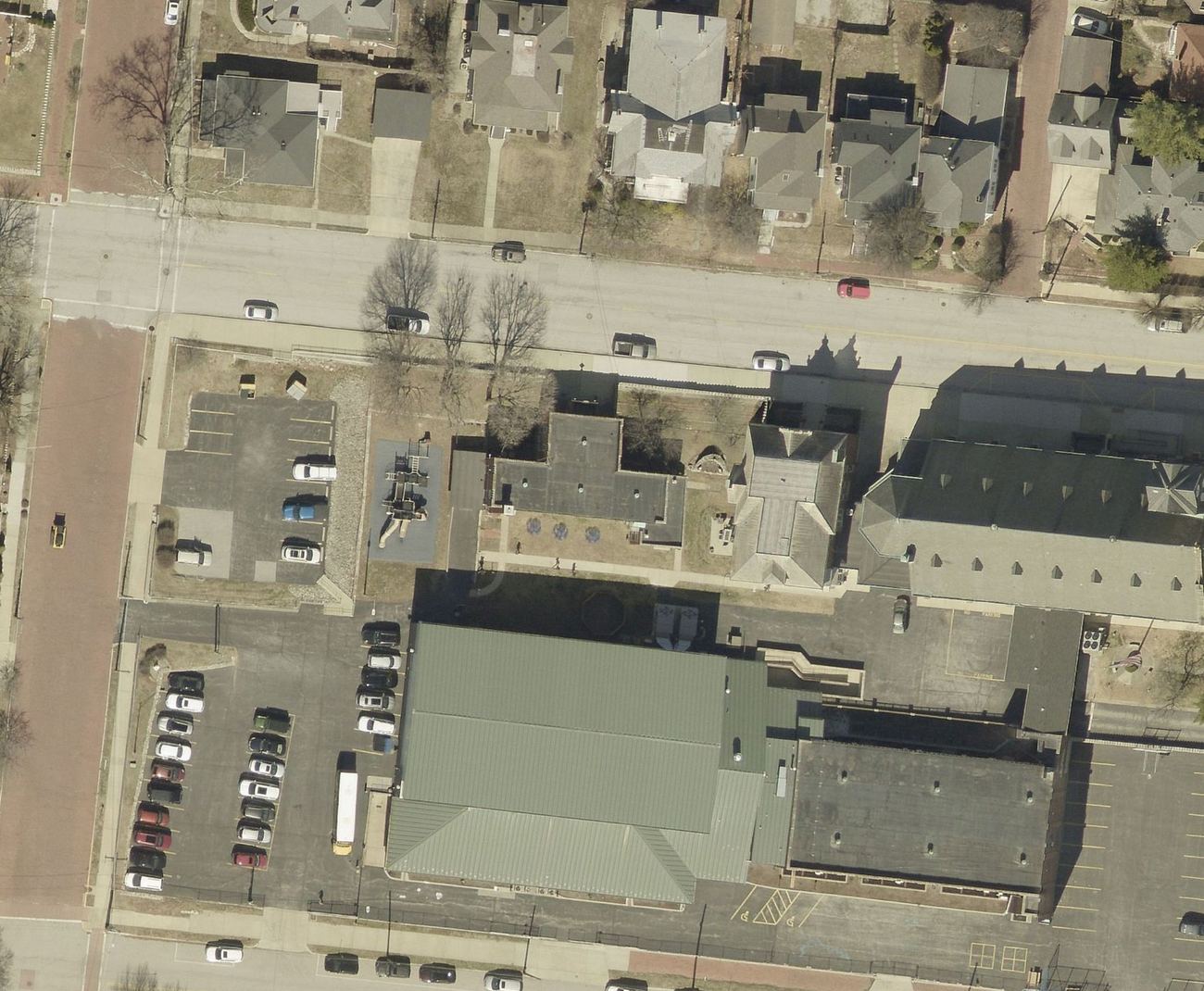 Aerial view of the full St. Mary's campus — church, school, rectory and parish office on one block