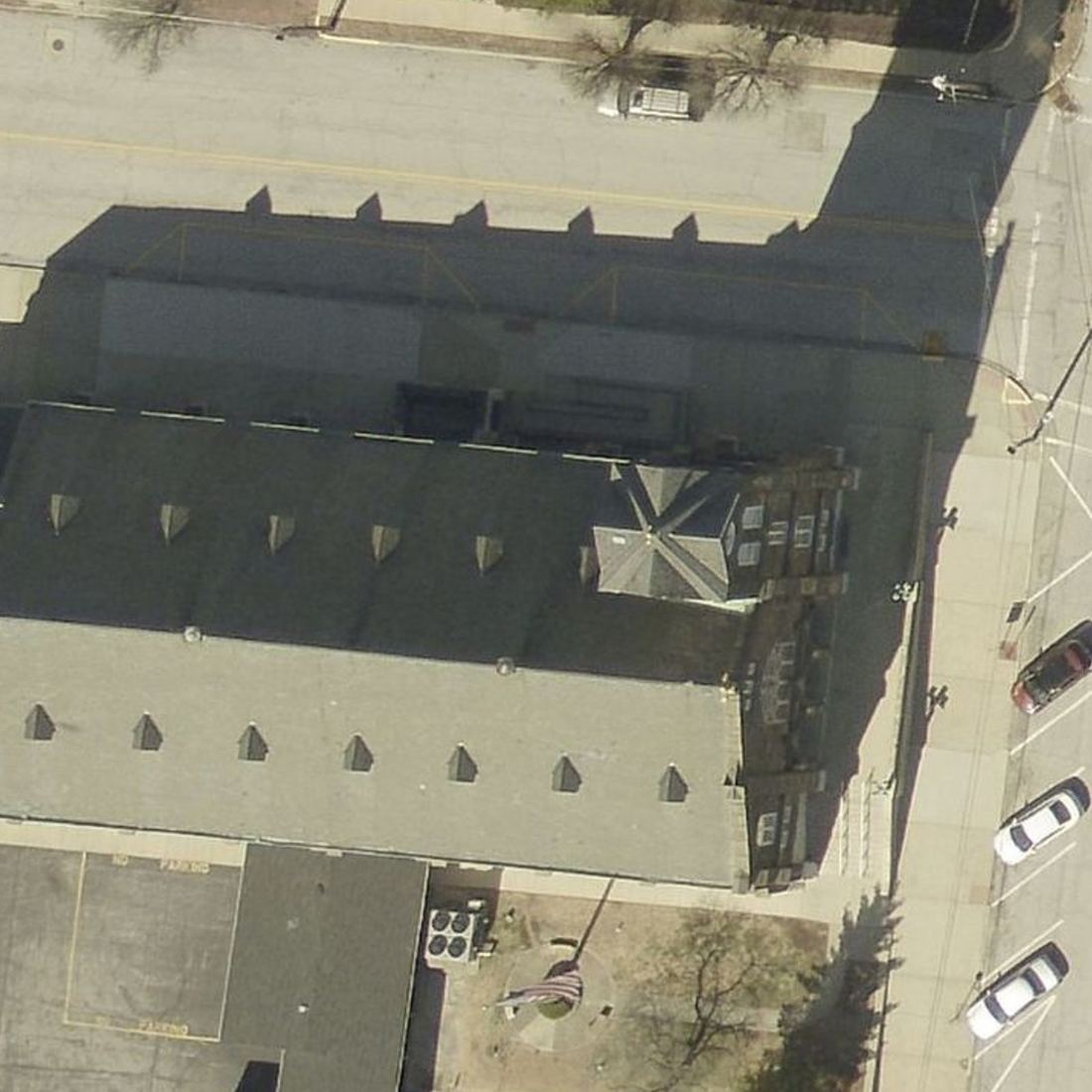 Aerial view of St. Mary's steep gabled roof and tower